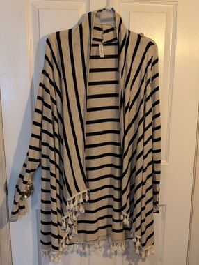 Emerald Black & Cream Striped Open-Front Cardigan with Tassel Hem